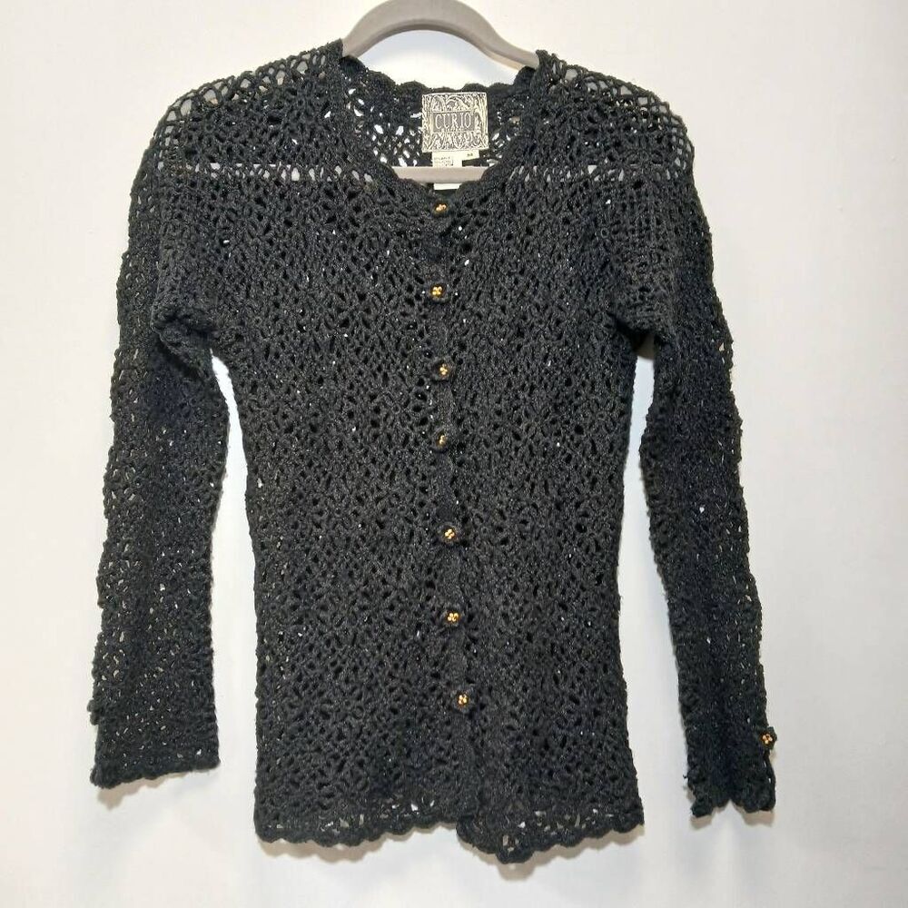 Curio womens medium crochet open knit sweater gray spring summer art to wear top